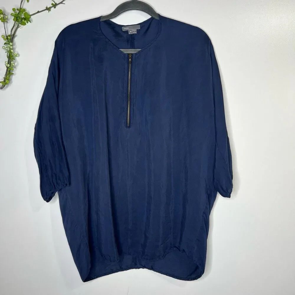 Vince Navy Blue 100% Silk Shirt Blouse Zipper 3/4 Sleeves